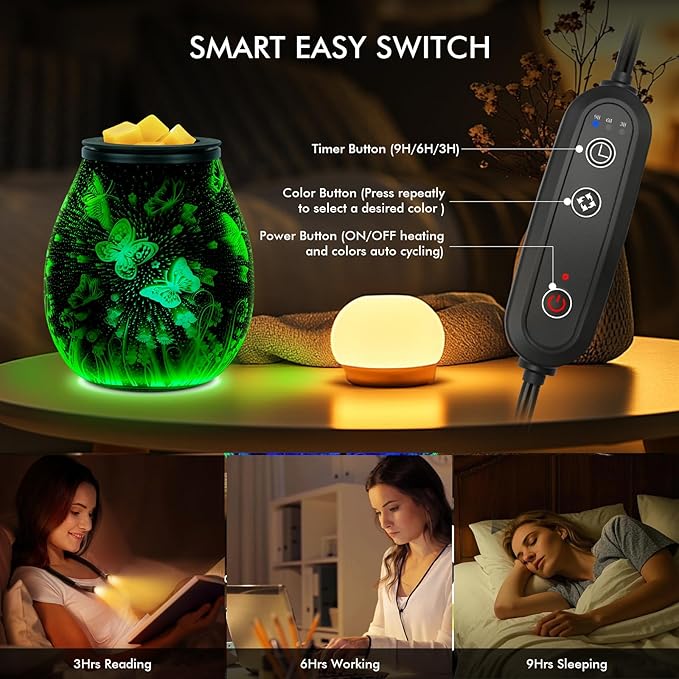 Electric Wax Melts Warmer with Timer-3D Wax Warmer with 7 Colors LED Light, Wax Burner for Scented Wax by PTC Heating, Removable Silicone Dish，Wax Melter for Home & Office Decor Gift (Butterfly-Timer)