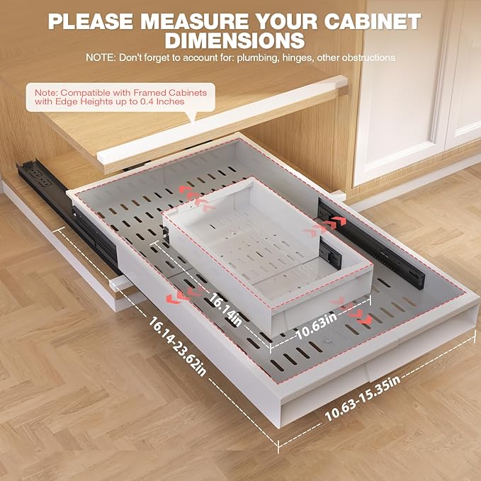2 Pack Pull Out Cabinet Organizer With Raising Pad for Framed Cabinets,Expandable Width (11"-16") and Depth (17"-24"),3 Slide Rails Slide Out Drawers with Handle,No-Drill Roll Out Shelf,White