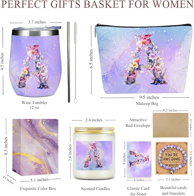 Personalized Gifts Monogrammed Birthday Gifts for Women, Bridesmaid Bachelorette Party Wedding Christmas Initial Wine Tumbler Makeup Bag (Aesthetic Purple Flower A)