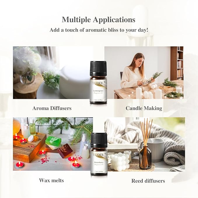 EUQEE 12pcs Fragrance Oils Gift Set, Premium Essential Oils Set for Diffuser, Candle, Soap Making, Travel, with Amber, Coconut&Vanilla, Fresh Linen, Leather, Forest Pine, Gift Set for Women and Men