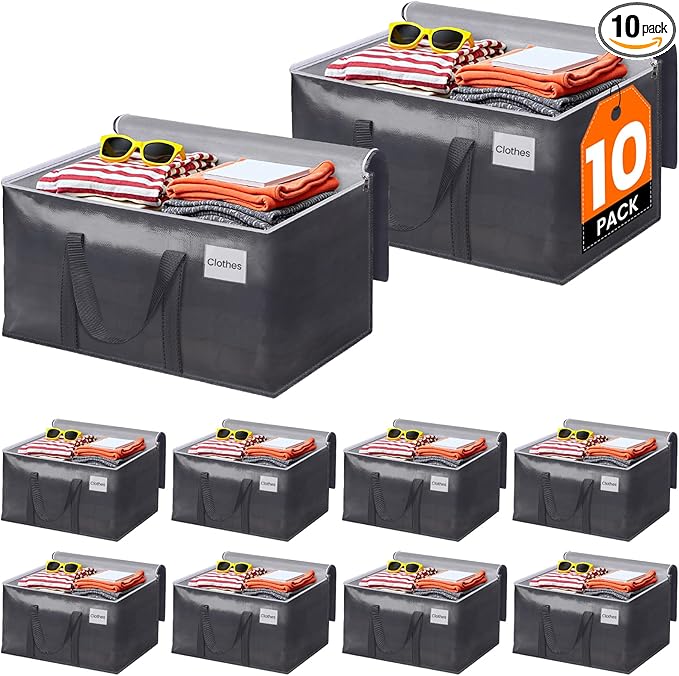 ElegantArray 10 Pack Moving Bags Heavy Duty, Moving Boxes, Storage Bags with Zipper & Handles & Tag for College & Dorm Moving Supplies Grey Laundry Hamper Bag, Foldable Space-saving Totes (76L, Grey)