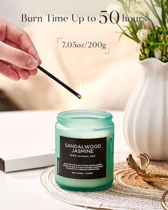 M&SENSE Sandalwood Jasmine Scented Candles for Home, 7.05oz Natural Soy Wax, 50 Hours Cute Candles Non Toxic, Spring Smelling Home Fragrance for Women, Aromatherapy Gifts for Housewarming