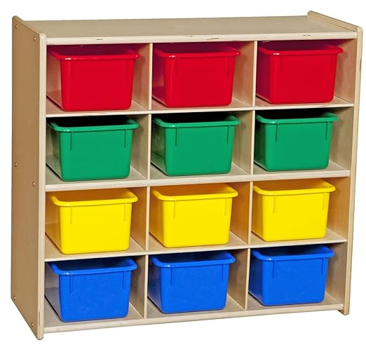 Contender 100% Birch Plywood 12-Cubby Storage Unit w/Colorful Tubs, Hardwood Cubby Organizer for Classroom, Cube Locker Shelf for Organizing Toys - RTA