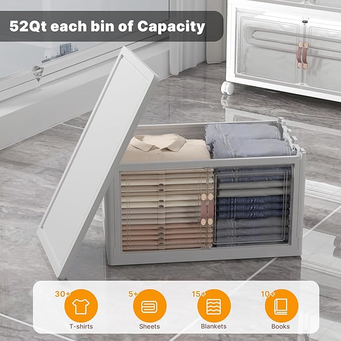 Stackable Storage Bins with Lids, 156QT Closet Organizers and Storage with Doors and Wheels, Extra Large Storage Cabinet, Collapsible Plastic Drawers for Bedroom Dorm Office Garage