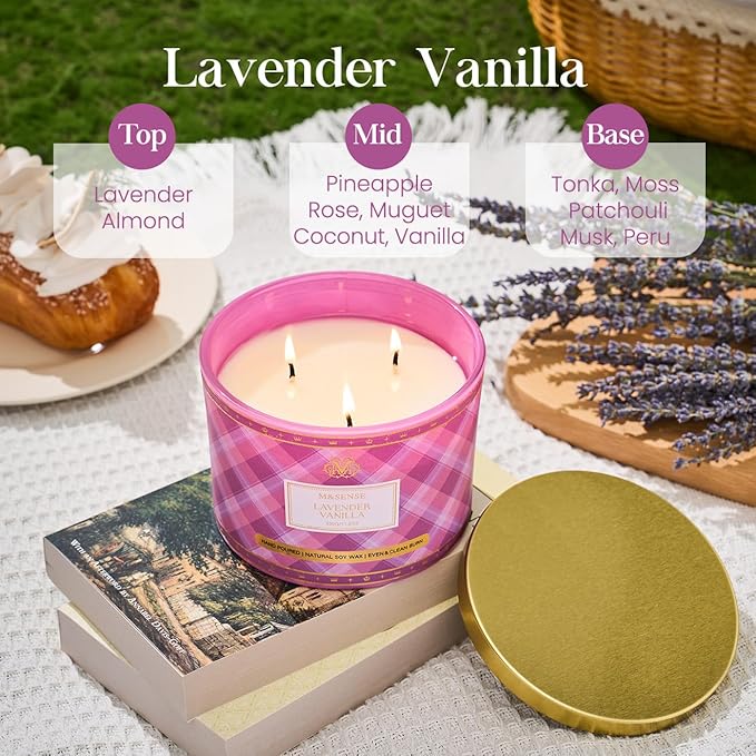 M&SENSE Plaid Pattern 3 Wick Soy Candles,11.64 oz Large Lavender Vanilla Scent Candle for Relaxation, Gifting, Home Décor | for Bedroom, Office, Party
