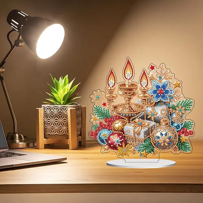 ZeeLionArt Tabletop Diamond Art Painting Kit for Adult,Christmas Candles DIY Special Shaped Rhinestone Desk Placement Ornament,Home Stand Up Gem Painting Craft Kit,Gift,Double Sided.