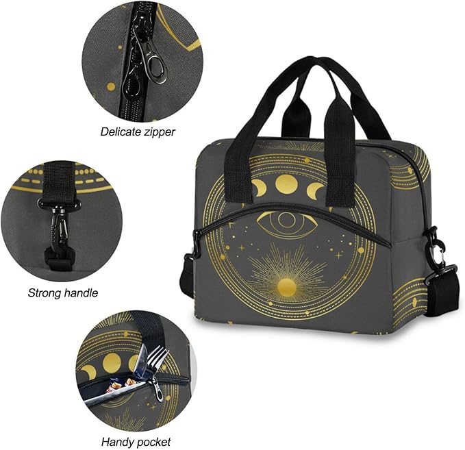 CBBYY Goth Stars Sun Lunch Bags for Women Men, Reusable Insulated Lunch Box, Adjustable Shoulder Straps Tote Lunch Bag for Work Picnic School