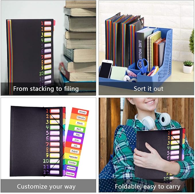 Edufun Rainbow Tab Expanding File Folder - 24 Pockets, Durable A4 Letter Size Organizer, Water-Resistant Plastic Dividers, Home/Office/School Document Holder (Black)