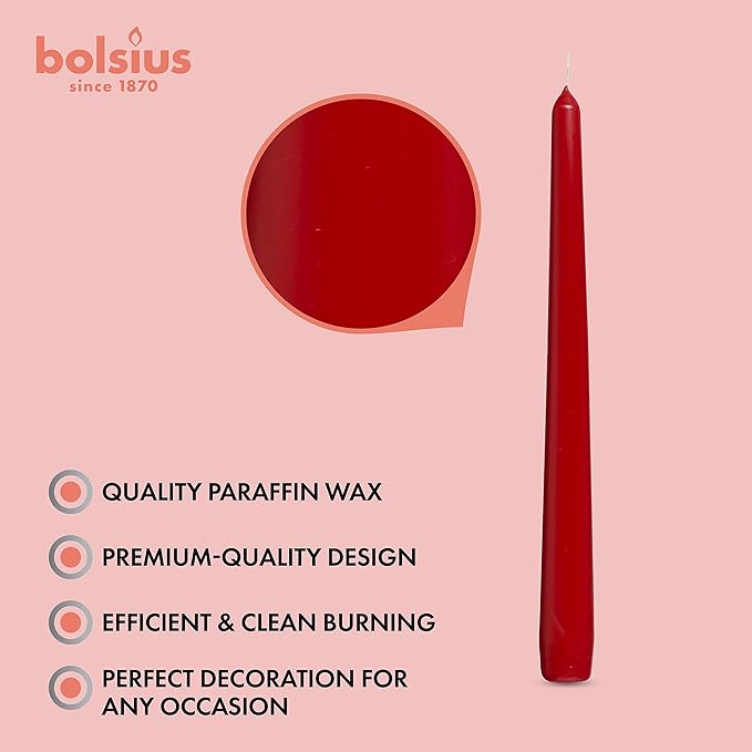 BOLSIUS 10 Count Unscented 10 Inch Red Household Taper Candles - 8 Hours Burn Time - Premium European Quality - Smokeless Dripless Taper Candlestick - Great for Special Occasion, Church, and Everyday