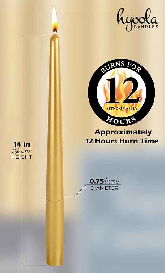 Hyoola Tall Taper Candles - 14 Inch Metallic Gold Dripless, Unscented Dinner Candle - Paraffin Wax with Cotton Wicks - 12 Hour Burn Time (Pack of 12)