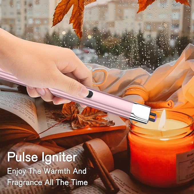 REIDEA Electric Lighter R1 Flat Candle Lighter, Windproof Flameless USB Rechargeable Arc with Safe Button and Power Indicator for Candle, BBQ and Fireworks, Rose Gold