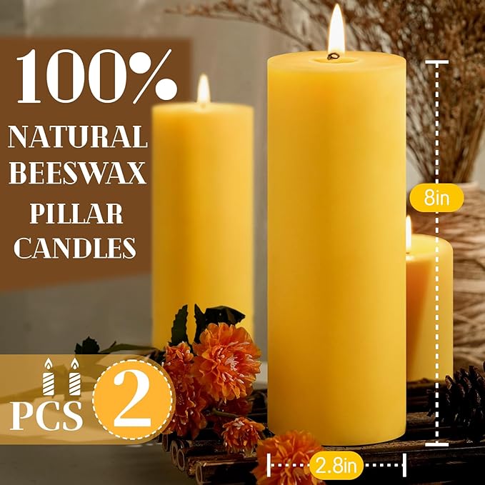 2.8x8in Beeswax Pillar Candles-2pcs,290 H Long Burning,Emergency Beeswax Candles,Non Toxic Natural Bees Wax Candles for Home