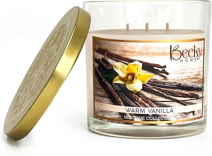 Warm Vanilla 3 Wick Candle, 14.5oz, Large, Traditional, White, Glass Jar, 4" H x 4" D, 60+ Hour Burn Time, Indoor Use, 1 Count