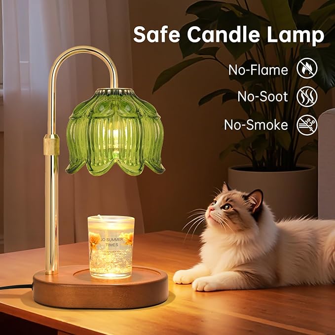 Flower Candle Warmer Lamp for Jar Candles with Timer & Dimmer, Adjustable Height Fits Large Jars up to 7.08" Tall, Flameless Wax Warmer, Cozy Bedroom Home Decor, Gift for Mom Women (Flower lamp-Green)
