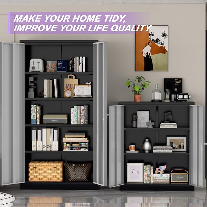Superday 36" Metal Storage Cabinet, Garage Storage Cabinet with Locking Doors and Adjustable Shelves, Steel Lockable Cabinets, Tool Cabinets for Home Office, Garage, School（Black Grey）