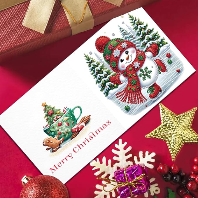 6 Pack Christmas DIY Rhinestone Painting Greeting Set, Snowman Santa Diamond Art with Envelopes, Holiday Gift for Family Friends