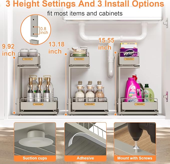 Under Sink Organizer, 2 Tier Pull Out Bathroom Cabinet Organizers and Storage L-Shaped,Multi-Purpose Metal Sliding Drawer Storage Shelf for Kitchen Bathroom, 1 Pack Grey
