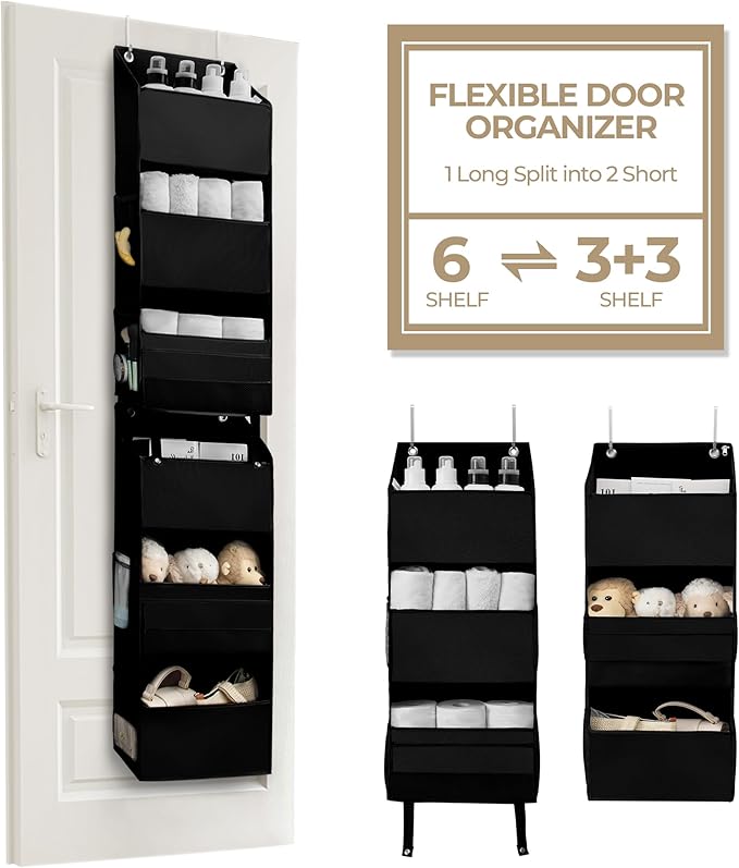GRANNY SAYS Back of Door Organizer, 6-Shelf Detachable Over the Door Baby Organizer with 8 Pockets, Anti Tilt 40lb Large Capacity Hanging Diaper Storage for Nursery, Bedroom, Kids Room, Black