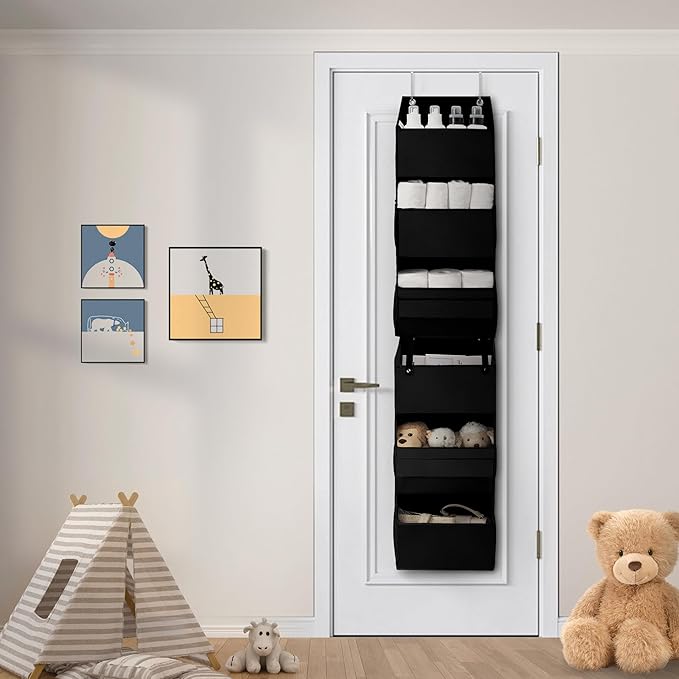 GRANNY SAYS Back of Door Organizer, 6-Shelf Detachable Over the Door Baby Organizer with 8 Pockets, Anti Tilt 40lb Large Capacity Hanging Diaper Storage for Nursery, Bedroom, Kids Room, Black