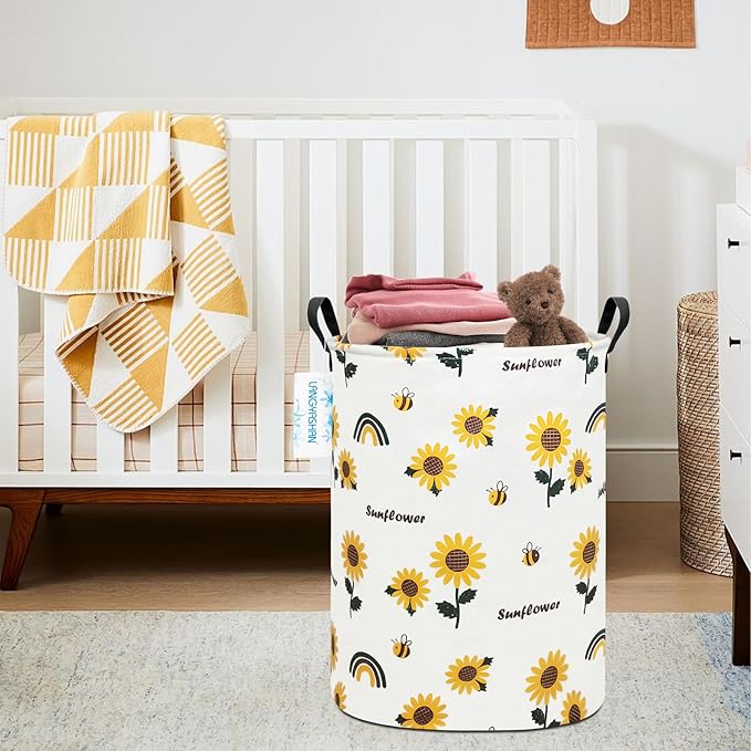 LANGYASHAN Storage Bin, Canvas Fabric Collapsible Organizer Basket for Laundry Hamper,Toy Bins,Gift Baskets, Bedroom, Clothes,Baby Nursery (Sunflower)