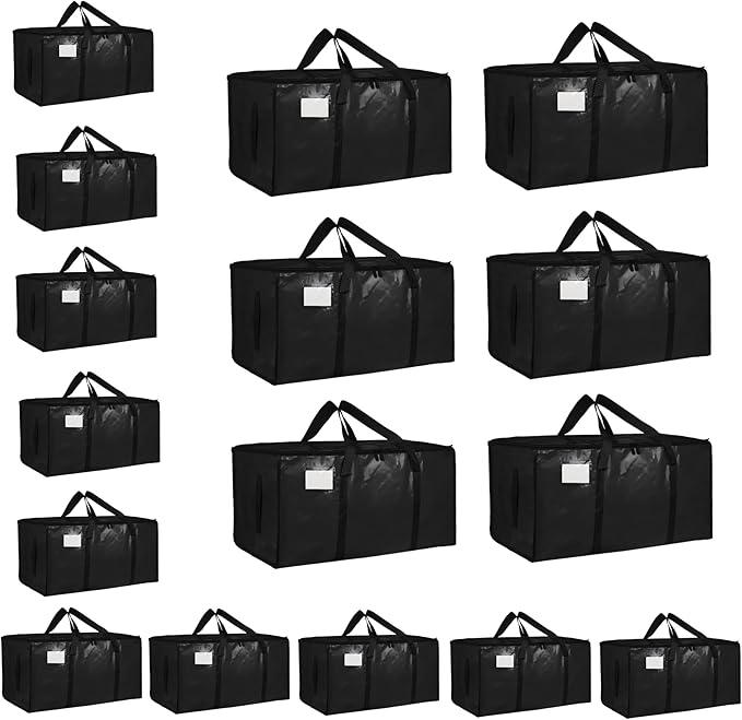 16 Pack-Extra Large Heavy Duty Moving Bags - Waterproof Storage Totes with Handles & Zippers, Foldable for College Dorm, Storage (Black)