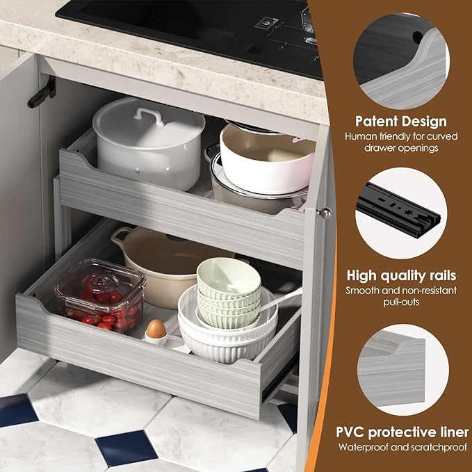 Pull Out Drawers For Cabinets, 25" W x 21.65" D x 17" H Slide Out Wooden Pull out Drawers, 2-Tier, Heavy-Duty Base Bottom Assembly Slide out Drawer Shelf Cabinet Organization for Kitchen, Gray
