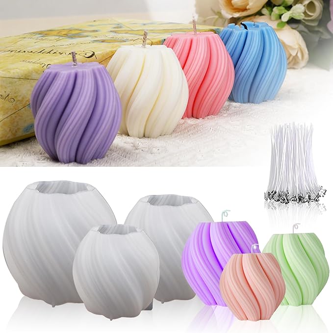 3 Pack Silicone Candle Molds with 10 Wax Cores - Wave Spiral Cylinder Shapes for Handmade Aromatic Candles,Soap Making, Wax Melts, Resin Casting, DIY & Home Decor