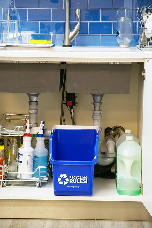 Recycling Rules! 6 Gallon Stackable Recycling Bin Container in Blue, Eco-Friendly BPA-Free Handy Recycler with Handle
