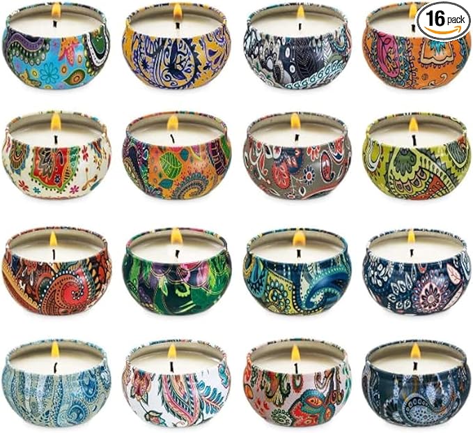 16 Scented Candles Gift,Natural Soy Wax Aromatherapy Candles,Small Portable Tin Candles Set for Mom,Women,Teachers, Colleagues and Friends,2.5 OZ.