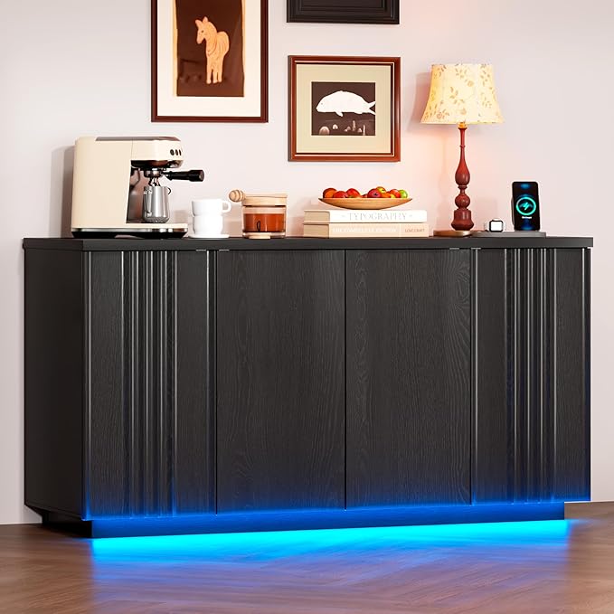 63'' Buffet Cabinet with Storage, Coffee Bar with 4 Doors & 2 Adjustable Shelves, Modern Sideboard Table with 3 Color LED Light for Kitchen (Black)