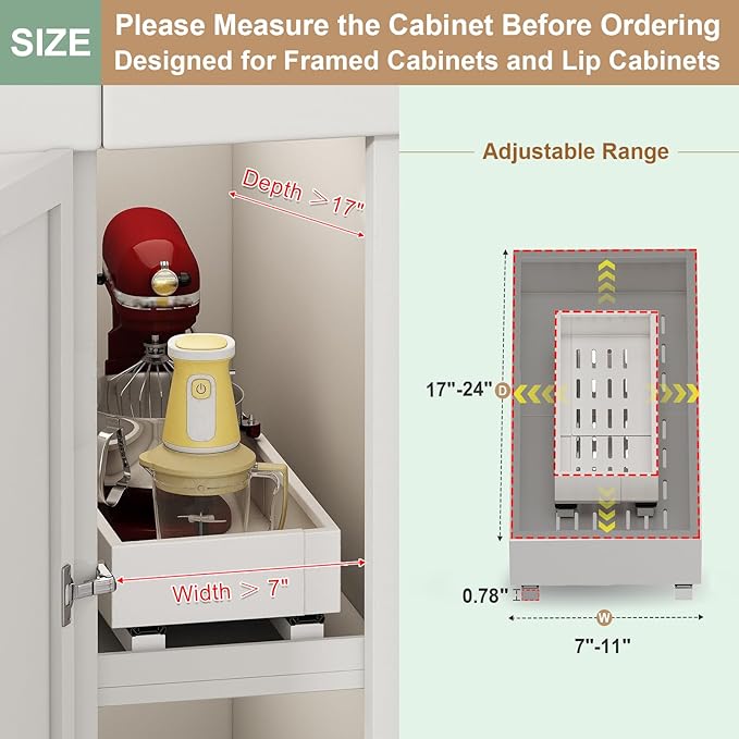Pull out Cabinet Organizer,Expandable Width(7"-11"),Depth(17"-24"),Roll out Drawers,No Drill Adjustable Slide out Shelves for Kitchen,Pantry,for Both Lip and Lip-Free Cabinets,White(1PC)