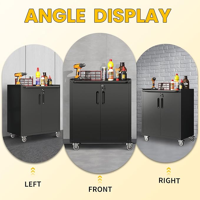 Garage Storage Cabinets with Wheels, Locking Metal Storage Cabinets with Doors and Adjustable Shelves, Easy Assembly Tool Cabinet for Garage,Basement,Warehouse