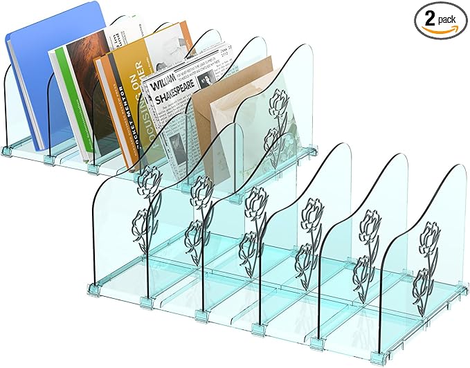 Adjustable Rose File Organizer for Desk, Vertical File Folder Holders for Magazines, Upright Desktop Binder Organizer, Clear Paper Bookshelf Divider File Sorter for School Office Supplies