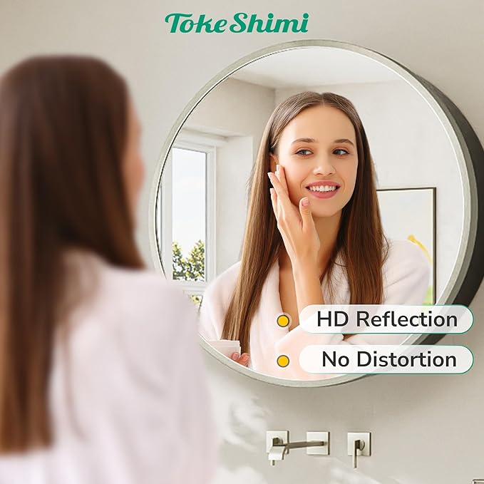 TokeShimi 26 x 26 Round Medicine Cabinet with Mirror, Brushed Nickel Circular Bathroom Medicine Cabinet with Stainless Steel Metal Frame, Detachable Shelves, Shatterproof, Wall Mounted Only