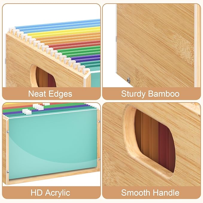 Sbanmao Letter/Legal Bamboo Acrylic File Box Organizer, Hanging File Folder Storage Boxes, Decorative Document Crate Transparent Filing Bin with Handle for Home Office Desk