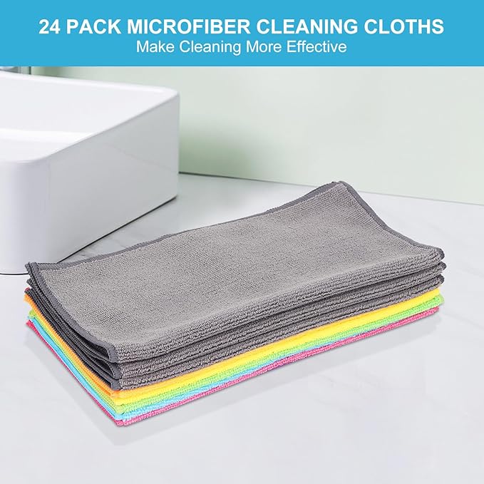 BeiLan Microfiber Cleaning Cloth: 24 Pack Cleaning Towels with 5 Color Assorted - 12"x12" All-Purpose Microfiber Clothes for Home/Kitchen/Car/Window/Glass