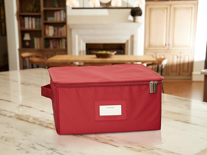 Covermates Dish Storage Box – China & Dinner Plate Storage Container with Dual Zippers, Reinforced Handles, ID Window & Stackable Structured Walls for Dishware Organization, Scarlett Red
