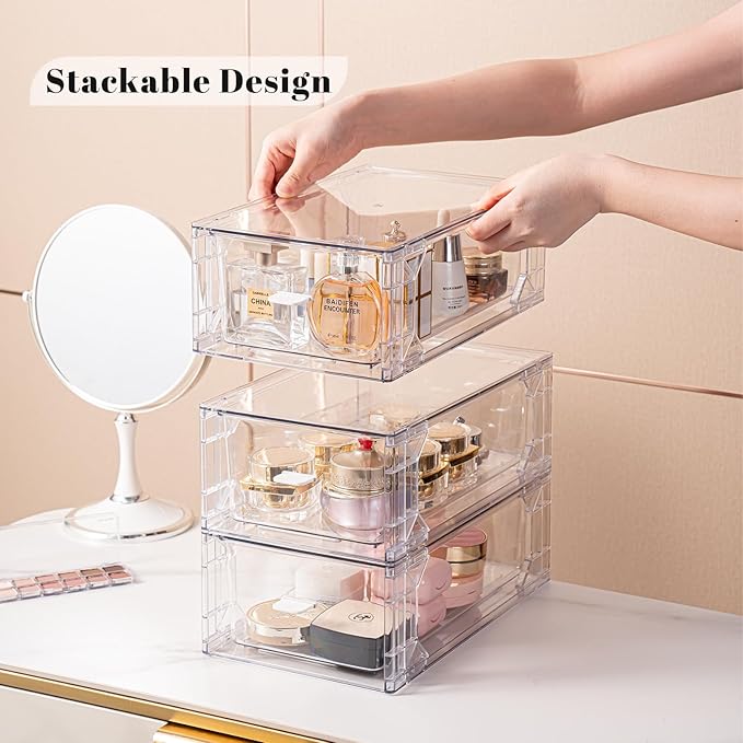 4 Pack Stackable Storage Drawers, Plastic Clear Organizer Bins with Handles, Easily Assemble for Undersink, Kitchen Cabinet, Fridge, Closet, Pantry, Office, Bathroom