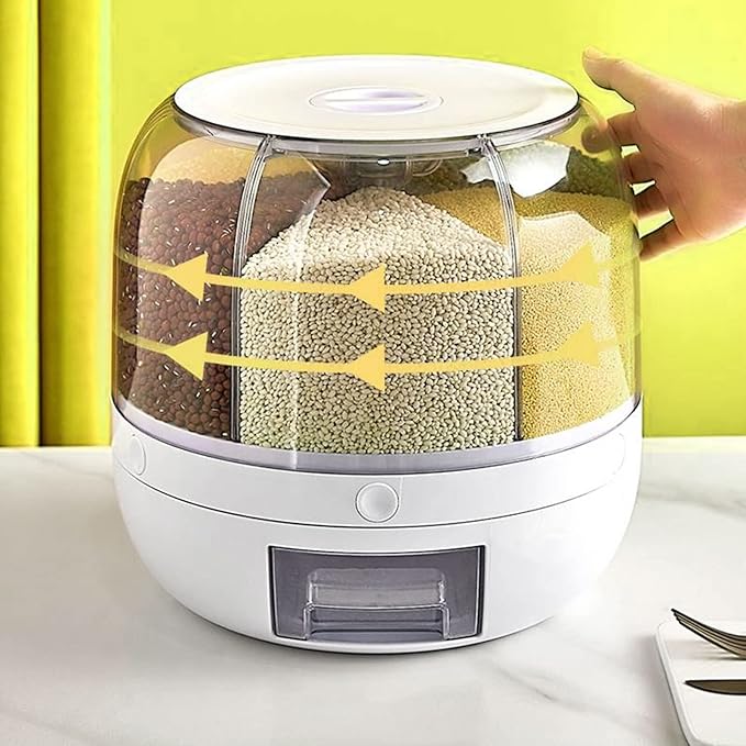Cereal Dispenser Countertop Rotatable - Grain Containers Tank Dispenser with 6 Compartments - Ideal for Kitchen Storage of Lentils, Rice, Beans and Other Dry Food