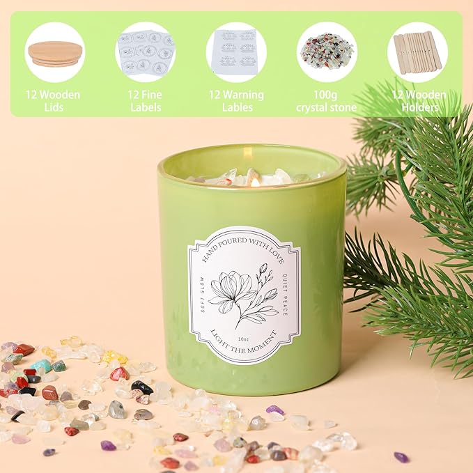12Pcs Assorted Green Glass Candle Jars with Wooden Lids for Making Candles, 10 OZ Empty Candle Jars with Labels and 100g Crystal Rocks, Candle Making Supplies Candle Containers for Home DIY & GIFTS