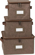 Covermates Dish Storage Box Set – China & Dinner Plate Storage Containers with Felt Dividers, Dual Zippers, Reinforced Handles, ID Window & Stackable Design, Brown Heather