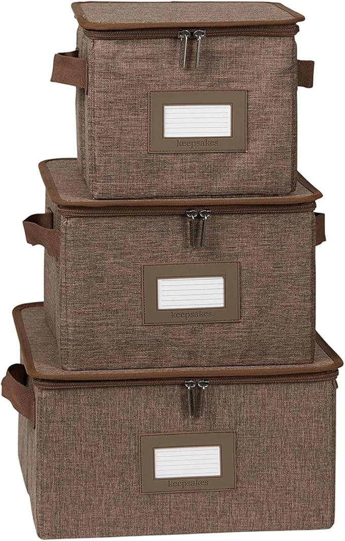 Covermates Dish Storage Box Set – China & Dinner Plate Storage Containers with Felt Dividers, Dual Zippers, Reinforced Handles, ID Window & Stackable Design, Brown Heather