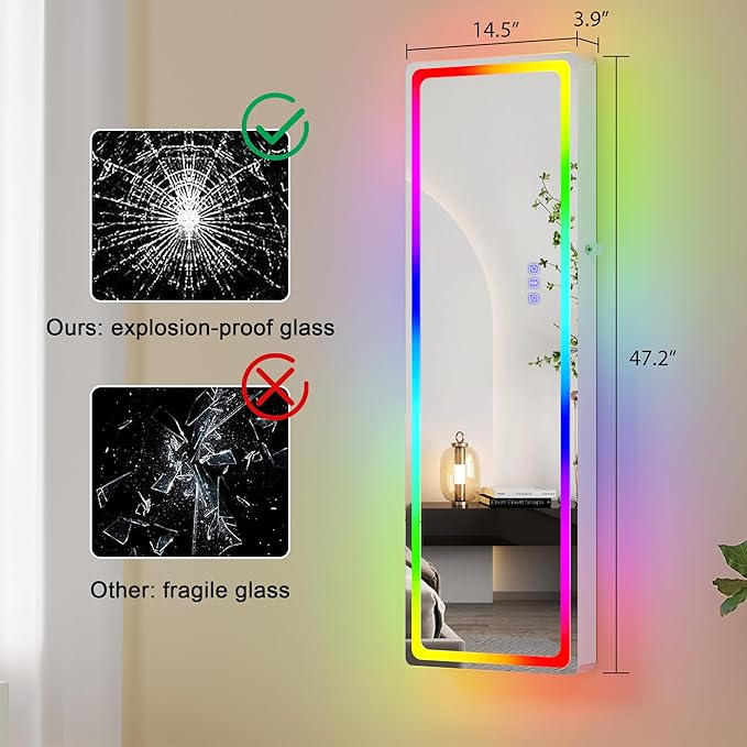 Lvifur LED Mirror Jewelry Cabinet - with RGB lights,Lockable Wall/Door Mounted Full Length Mirror with Storage,Hanging Jewelry Organizer-2 Drawers,Foldable Shelf,Built-in Lighted Mirror(White)