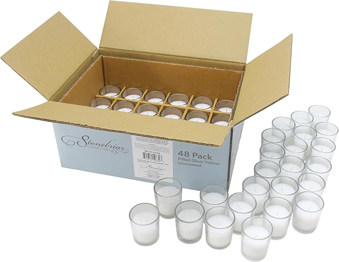 Stonebriar 12 Hour Long Burning Unscented Wax Filled Votive Holders, 12 Pack, White