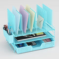 LEKETREE Blue Desk Organizer, Office Organization with Vertical File Holder, File Organizer with Drawer and Pen Holder, Desk Accessories and Workspace Organizers for Home Office (Sky Blue)