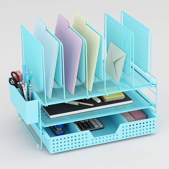 LEKETREE Blue Desk Organizer, Office Organization with Vertical File Holder, File Organizer with Drawer and Pen Holder, Desk Accessories and Workspace Organizers for Home Office (Sky Blue)