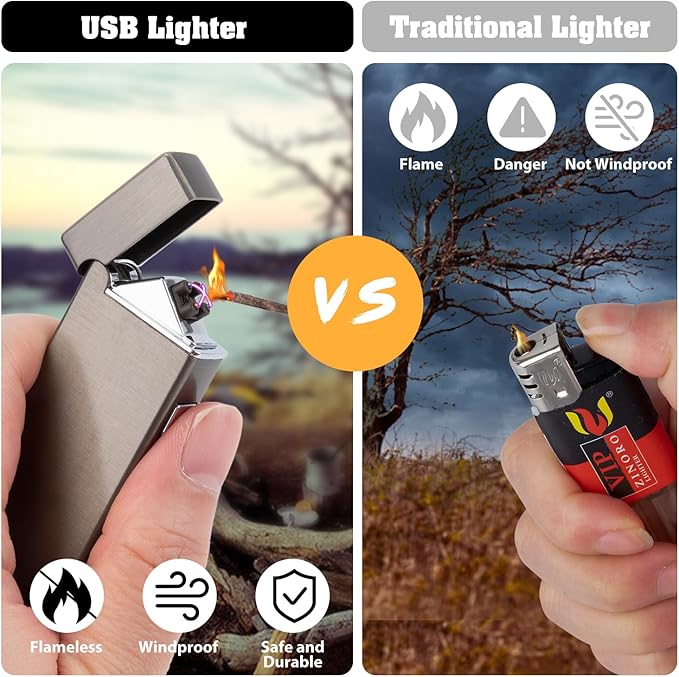 LcFun Electric Lighter USB Rechargeable Windproof Flameless Plasma Dual Arc Lighter Small Metal Pocket Lighters for Camping, Birthday Gifts for Men Husband (Nickel Brushed)