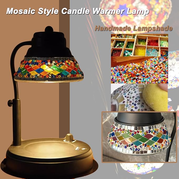 Electric Candle Warmer Lamp with Colorful Diamond Lampshade, Stained Glass Wax Melting Lamp with Timer and Dimmer, Adjustable Candle Warmer Light Home Decor (Black)