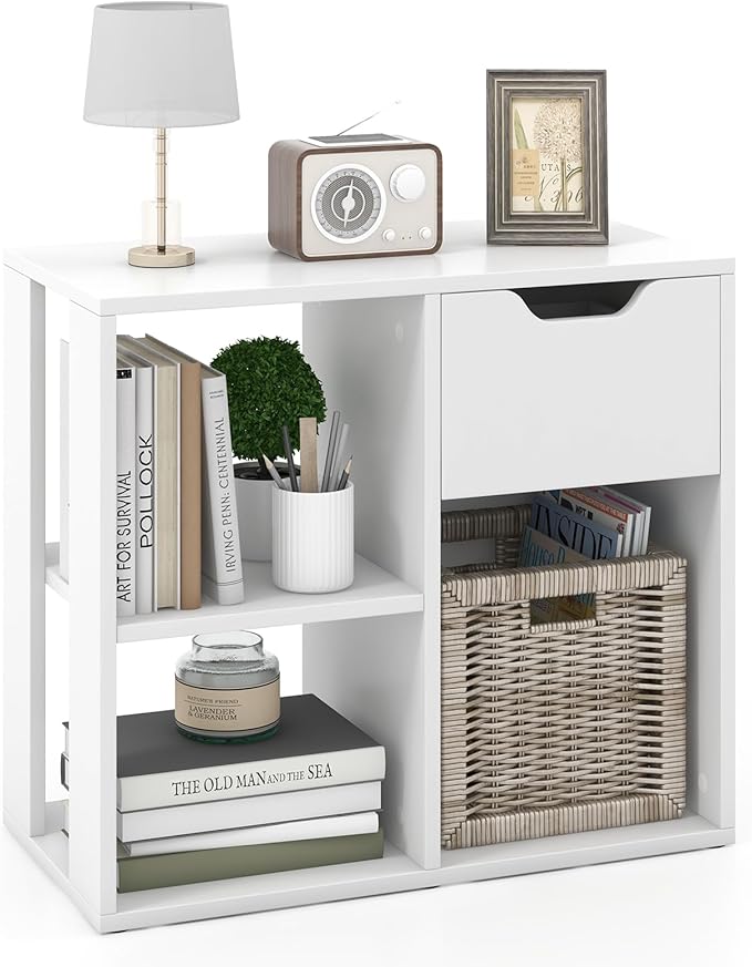 LOKO 3-Cube Bookshelf with Drawer, 2-Tier Open Shelf Bookcase, Freestanding Display Shelf, Modern Home Storage Organizer, Shelving Unit for Living Room, Bedroom, Study, Office (1, White)