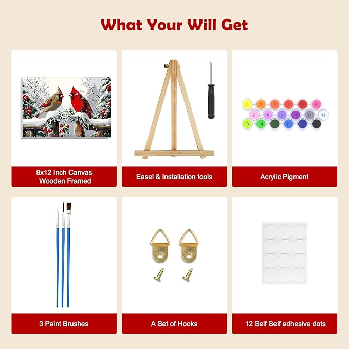 MOGTAA Christmas Paint by Numbers Kit for Adults Beginners with Frame, Winter Cardinal Adult Paint by Number Kits on Canvas with Easel, Easy DIY Oil Painting Kits for Home Decor, 8x12in